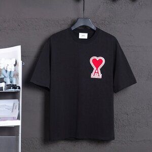 Ami Paris Pure Cotton Red Heart Embroidered Couple Black T-shirt